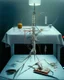 Placeholder: human body, universe-like table,complex surgical instruments mixed with human body-like musical instruments,minimalism,Painting By Adrian Ghenie, Rene Magritte, Lucian Freud