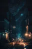 Placeholder: City, darkness, lamps, light, person, houses, stars, road, dim light, cars