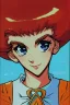 Placeholder: 1girl, retro anime, 80's, redhead,Portrait of beautiful woman, sparkling dark blue eyes,