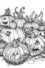 Placeholder: A spooky pumpkin patch with Jack-o'-lanterns of different sizes . Outline, sketch style, only use outline, mandala style, clean line art, white background, no shadows, no clear wall, coloring page.