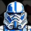 Placeholder: Craft an image of a Star Wars Clone Wars Arc Trooper in the style of abstract art, with a front-facing 2D design. It has Republic logo on the helmet. The helmet should be geometric, stark, and utilize black, white and a touch of blue. It should be placed against a plain white background, filling the majority of the square frame, and stripped of any detail that does not contribute to its minimalist aesthetic.