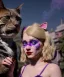 Placeholder: Ultra realistic afternoon photo, happy smoker couple, blonde Alice woman and purple + cat smoking a pipe, circus blue dress style, black headband with bow, old school body tattoo, smoke, marihuana garden, glow eyes, perfect iris, soft color, highly detailed, unreal engine 5, ray tracing, RTX, lumen lighting, ultra detail, volumetric lighting, high definition.