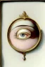 Placeholder: Set in rose-gold, mesmerizing—and bizarre is a Lovers Eye, Part-portrait, part-jewel, the miniature portraiture of a single eye of a beloved, painted with watercolor on ivory,18th century style, the beloved's eye floats uncannily against a monochromatic background. No other facial features anchored it, except an eyebrow. All focus on the composition’s core of a dark iris gazes ardently from behind a soft, love-drunk lid. Lovers eye portraiture, romantic, realism, Victorian, surrounded by blue ve