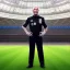 Placeholder: Jeff Bezos in a referee jersey officiating for a soccer match at Wembley Stadium