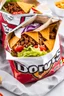 Placeholder: "Taco in a Bag" which consists of an open Doritos chip bag with sides rolled down, containing Doritos chips and cooked ground beef and lettuce and shredded cheese and chopped tomato pepper and onions and topped with more nacho chips, food blogger photography