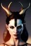 Placeholder: Female Tiefling warrior, demon horns, demon tail, ominous, facepaint, waist up portrait, intricate, oil on canvas, masterpiece, expert, insanely detailed, 4k resolution, retroanime style, cute big circular reflective eyes, cinematic smooth, intricate detail , soft smooth lighting, soft pastel colors, painted Renaissance style