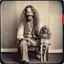 Placeholder: Awkward portrait Photo, 40 years old hippie sitting on chair, weird smiling, long 1970 hippie hair and mustasch, bland polaroid camera, holding a small dog