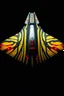 Placeholder: fully lit, top view of a very large organic spaceship that looks like a "Manta Ray" in black void in the style of Chris Foss. With a bright, yellow on black stripes with red highlights in an organic pattern. no background