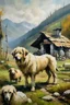 Placeholder: Proud dog, sheeps and shelter in the mountains painted by impressionist