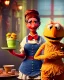 Placeholder: waitress woman with Sesame Street muppet mask-head, concept art, retro style, smooth, unreal engine 5, god lights, ray tracing, RTX, lumen lighting, ultra detail, volumetric lighting, 3d.