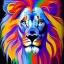 Placeholder: Lion portrait, bright colors, splash paint, centered, kaleidoscope