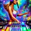 Placeholder: female figure Hardstyle DJ figure silhouette sexy cover pose with in background speakers, Hyperrealistic, splash art, concept art, intricately detailed, color depth, dramatic, colorful background, graffiti art, street art, spray paint, oil gouache melting, acrylic, high contrast, colorful polychromatic, ultra detailed, ultra quality, cinematic, atmospheric, moody,