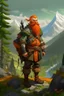 Placeholder: Realistisches Bild von einem DnD Charakters. Männlicher Zwerg mit orangenen Haaren. Er steht im Wald mit Bergen im Hintergrund. Er ist ein Jäger.