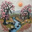 Placeholder: Pedro Friedeberg, Catrin Welz-Stein, Cecilia Frigati, Ton Dubbeldam, Escher and Fibonacci extremely textured abstract acrylic painting with a network of very fine cracks on worn canvas: a watermill in a storybook village in a flowering zentangle spring landscape with a river, with majestic old trees with gnarly blooming branches and birds in iridescent light pink-red colours perched on them, patches of grasses, rocks, under a pink-orange sun. pop surrealism, 3D relief, soft tones, textured brush