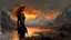 Placeholder: A formidable warrior girl in black armor, on the background Amazing gloomy landscape, flooded with sunset, mountains, trees, fabulous scary hero, , juicy emotions, painting, dark fantasy, gloomy day, dark world, portrait, by Anna Razumovskaya