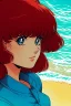 Placeholder: 1girl, retro anime, 80's, redhead,portrait, synth-wave , beach