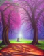 Placeholder: park mystical dream, park bench, man, woman, child, dog, trees, path, bird, sunshine, mystical, fantasy, romanticism, pastel colors, daylight, daytime, acrylic painting, detailed,