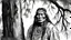 Placeholder: a comic drawing in black and white of a native american behind a tree in the 19th century, portrait shot, frontal view, telephoto lens, the drawing is in the style of Akira Kurosawa movies, high contrast, high density, with different tones of black, white and grey, rainy day, it is raining a lot, the native american is behind a tree, the native american has half face behind a tree, the native american is hidding behind a tree, spying