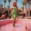 Placeholder: [high res photo by Russ Meyer] In the dazzling city of Las Vegas, Clad in a short green dress that sparkles under the desert sun, the Orangutang Queen finds herself in a most curious setting—a pink swimming pool teeming with flamingos and bananas, ready to fight, in dust, rust and blood, her body is covered with cartridge belts