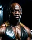 Placeholder: Adewale Akinnuoye-Agbaje x morris cheshunt as a handsome dark skinned and muscular heavy set man with a bald head and neatly trimmed beard. he is wearing a leather waistcoat and no shirt. he has a gold earing in his left ear. standing in a dungeon dark fantasy