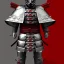 Placeholder: Modélisme trois dimensions, chat, anthropomorphique, habillé comme un samurai, armure très détaillé, armure rouge, armure argent