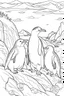Placeholder: Cute penguins on a snowy cliff, perfectly adapted to the harsh Antarctic climate, clean line art, monochrome, for kids coloring book, white background