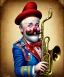 Placeholder: happy old friendly clown with round head and trimmed beard playing jazz with a steampunk theme, trumpet, circus, realistic