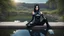 Placeholder: Fantasy Photo Of A Woman With Black Hair, Wearing A robot-looking catsuit, Sitting sideways On A Ledge next to a Pond, With A Planet Behind Her Head