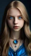 Placeholder: bleu dress , Age 24, girl, white Complexion, brown eyes, almond eyes shape, long hair, blonde silky hair, square face, button nose,bleu evil eye necklace