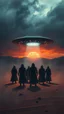 Placeholder: Bosch painting style nightmare , 3D ,a group of men in black led by ufo on the ground in a dramatic misty scene of the sunset time in a stormy weather in the desert background, high Quality picture , 8k