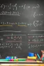 Placeholder: Subatomic particles writing equations on a chalkboard, while educating human children sitting at desks