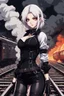 Placeholder: close-up gothic anime girl, white hair, tight outfit with gun on thigh, standing on a train track, smoke and fire surroundings, she is dull and dark, looks determined , train approaching behind her, poeti style