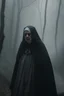 Placeholder: demon evil nun in thick misty forest next to a monastery without a face looking down