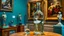 Placeholder: a pretty glass wine jar with beautiful minature glass shapes on out side and some glass hlalf sphere on it with a lady ballerina inside in pretty standing ballet pose on a table in a art gallery with famouse paintings and statues