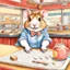 Placeholder: whimsical rough-color pencil sketch of an anthropomorphic bespectacled hamster filling in the Sunday crossword puzzle sitting at a 50's diner counter, by Hannah Dale