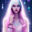 Placeholder: beautiful, soft, smiling face, whole head, long straight blonde hair blues eyes, crown on the head, clothing in transparent bluish and pink veil, background brillante bluish and pink, hight definition, 8K