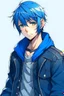 Placeholder: blue haired anime boy in a leather jacket