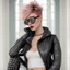 Placeholder: full body portrait -- an absolutely stacked anthropomorphic strawberry with pixie-cut hair, a perfect hourglass figure, perfect face, wearing a studded, black leather biker's jacket and pants with 12-inch platform boots and goggles,