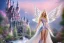 Placeholder: castle in background, beautiful, soft, big smiling, straight and long blonde hair, blues eyes, dewy and shiny atmosphere, diamond crown, long fairy wings in the back, full head, pink veil clothes