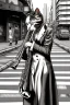 Placeholder: One single mature cat playing saxophone on the street, swinging dress, Osaka, thoughtful, mourning, model style, hyper realistic, extremely accurate, delicate, extremely detailed, Graphic novel style, wide-angle, open aperture, superfine pencil