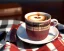 Placeholder: Cappuccino art microfoam in plaid mug saucer Crawford plaid napkin Demitasse