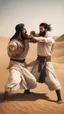 Placeholder: A picture includes two men, in the desert, in old Arab dress, with black hair and a thick beard, fighting with fists, and one of them gives the other a strong blow to the head.