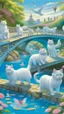 Placeholder: in the center: beautiful chunky white cats playing on a bridge with grey mice, under the brigde flows a small blue river; background: landscape, first plan: pink flowers: white clouds in shape of cats