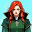 Placeholder: dnd, watercolour, illustration, portrait, rogue, long red hair, green eyes, radiant, priest