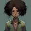 Placeholder: Teenage black girl, anime style, black afro, dark chocolate brown eyes, sage green shirt