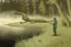 Placeholder: a man catching a sea monster with his fishing rod, cartoon style Simon Stålenhag