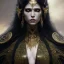 Placeholder: Corrupted priestess, beautiful face, walking, dark hair, yellow eyes with black sclera, tears, running makeup, leather, body tattoos, body piercings, dark fantasy, art by luis royo and greg rutkowski, portrait shot, concept art, insane detail, ray tracing, photorealism, 8k, octane render, frostbite, depth of field, backlight