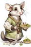 Placeholder: A drawing of a cute opossum in a male medieval maid outfit. he has potions on his belt and is holding some food on a plate.