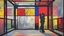 Placeholder: A colorful abstract interior scene with a large window overlooking a (misty outdoor landscape. In the foreground, there is a silhouetted sculpture of two embracing figures against a backdrop of vibrant geometric shapes and patterns in red, yellow, and blue)