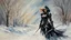 Placeholder: a warrior woman in black armor on the background of a cold snow-covered country, ice and crystal, frost and snow, oil and pastel, by Leonid Afremov & William Kentridge & Anna Razumovskaya